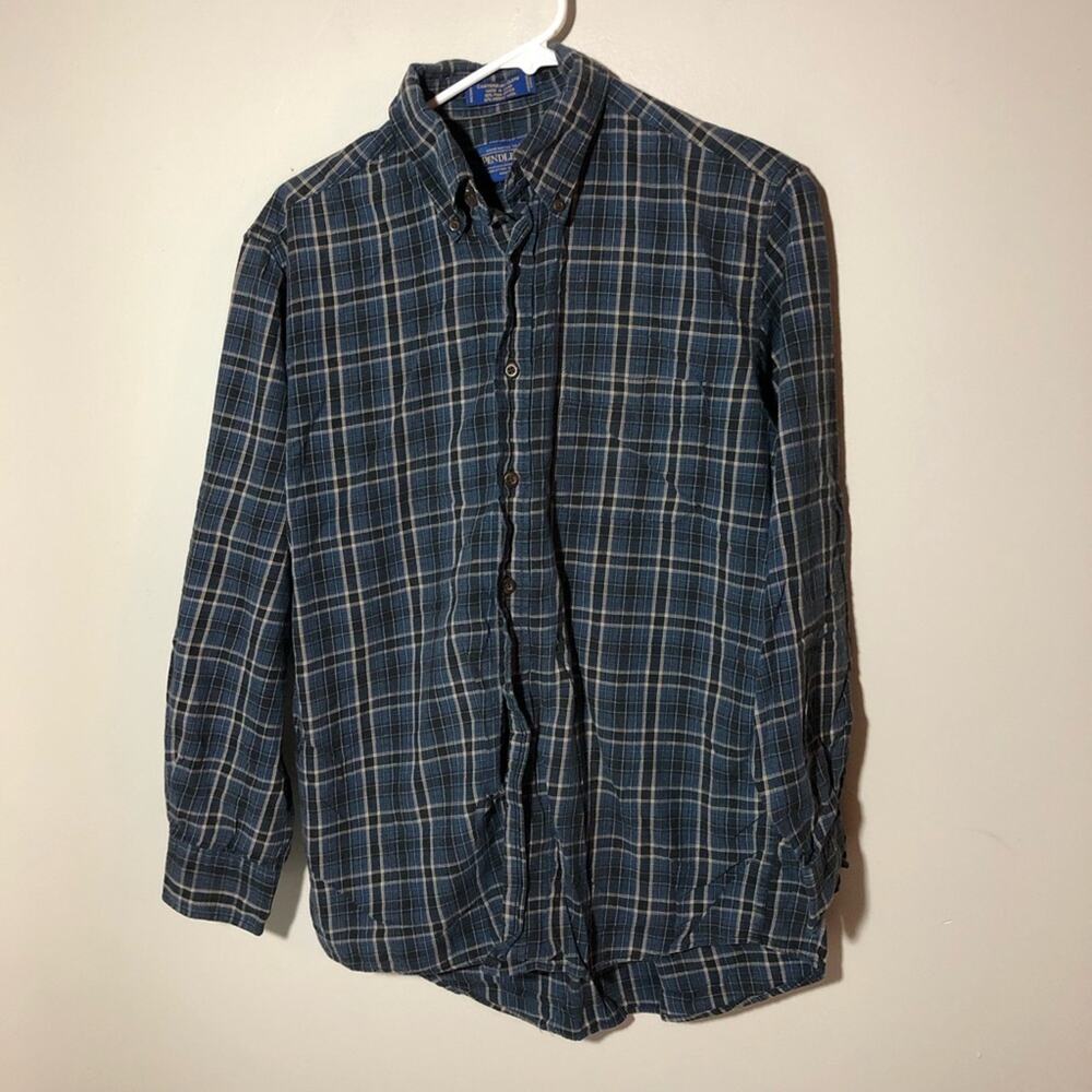 Pendleton Canterbury pima cotton merino wool mens blue plaid flannel shirt M